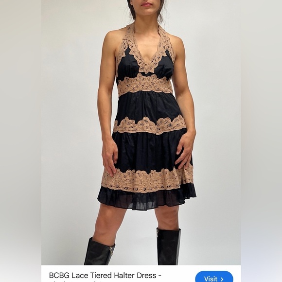 BCBGMaxAzria Dresses & Skirts - Vintage Y2K 90’s rare BCBG black brown lace halter mini dress cotton silk chic